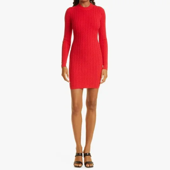 Alice + Olivia | Dresses | Alice Olivia Yuna Bright Poppy Red Long Sleeve  Cable Knit Sweater Dress L | Poshmark
